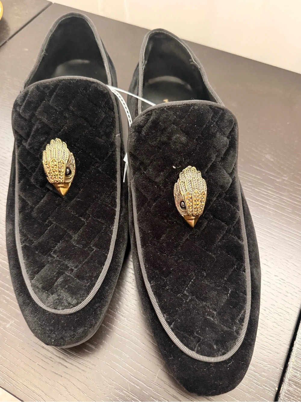 Kurt Geiger Hugh venetian Black Quilted Velvet Slip-On Loafers with Gold Bird